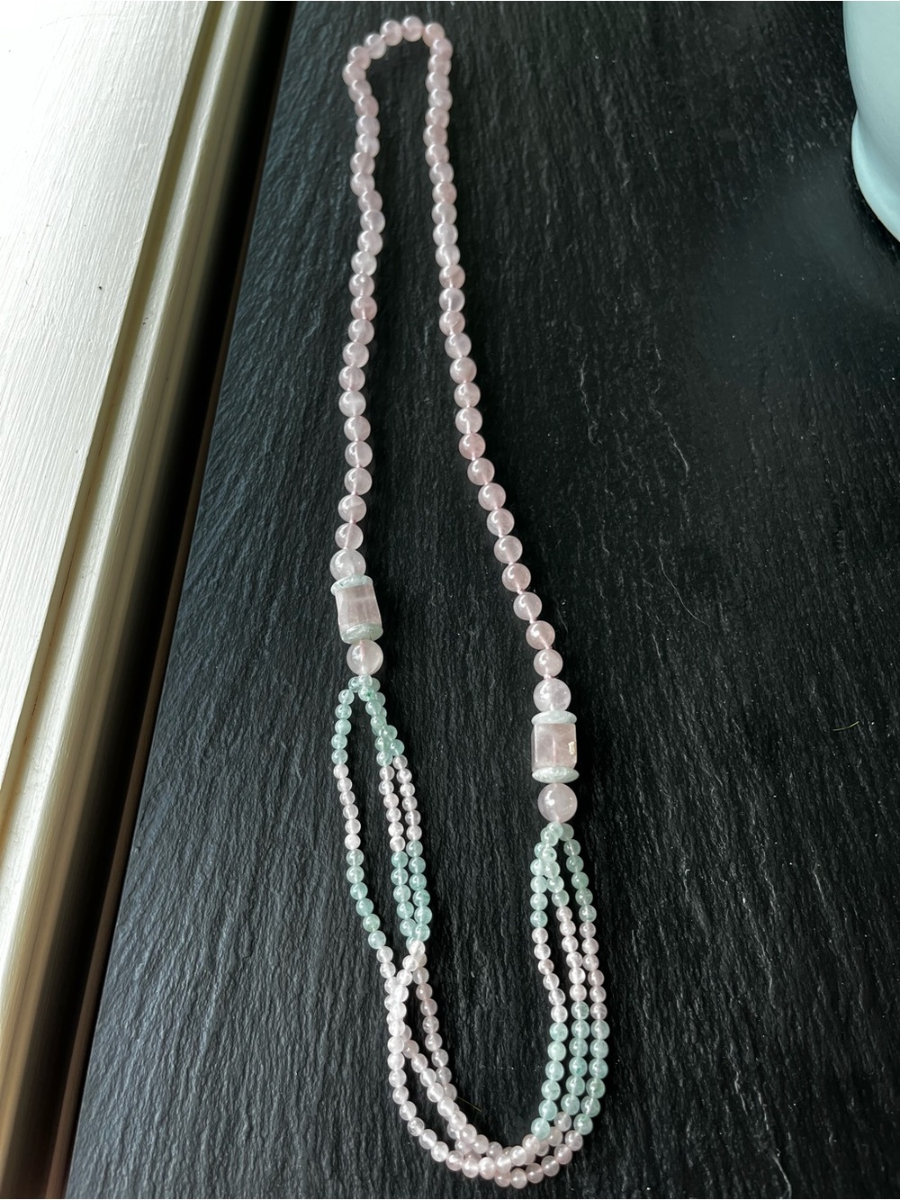 Jade pastel pink and light green 8mm beaded necklace, 30” long.